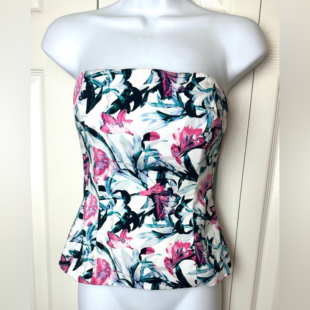 WHBM Bustier Corset Top Blouse Shirt Aries Floral Flower Strapless Pink White
